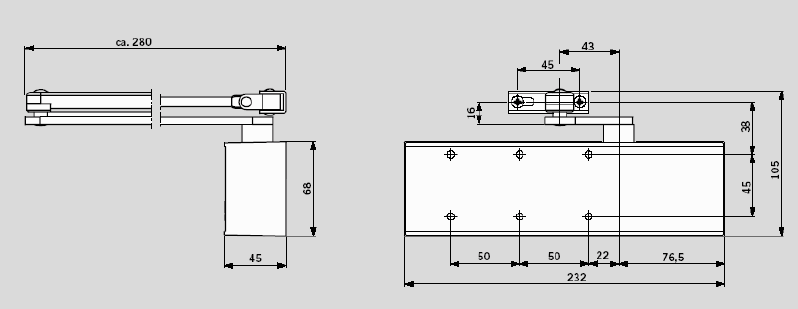 Габаритные размеры дверного доводчика DORMA TS72 со складным рычагом.